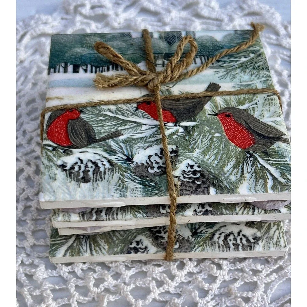Handmade  Red Robin Coasters Set of 4 Ceramic Tile Coasters Cottagecore